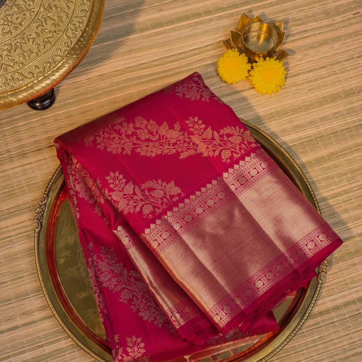 Wine Magenta Silk Saree with Intricate Golden Floral Zari Weave