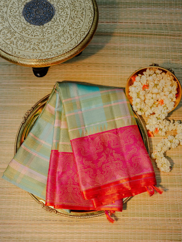 Pastel Check Silk with Magenta Temple Border