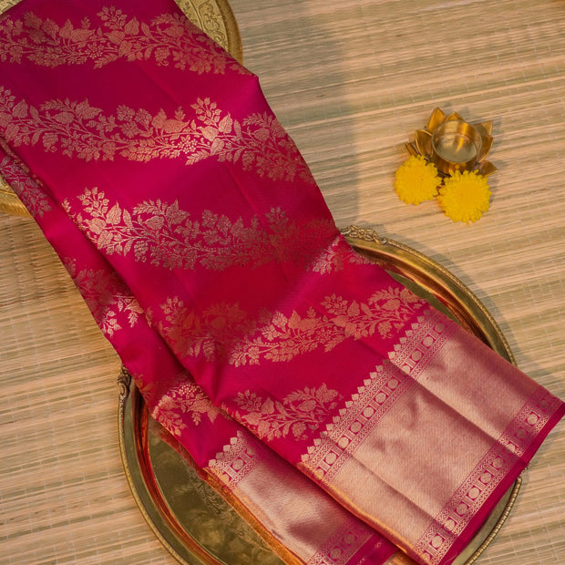 Wine Magenta Silk Saree with Intricate Golden Floral Zari Weave