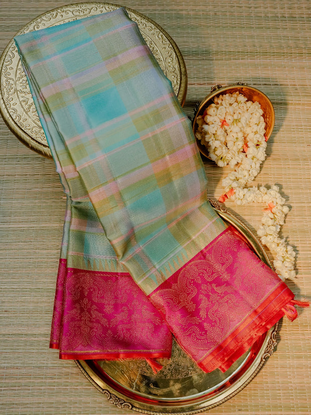 Pastel Check Silk with Magenta Temple Border