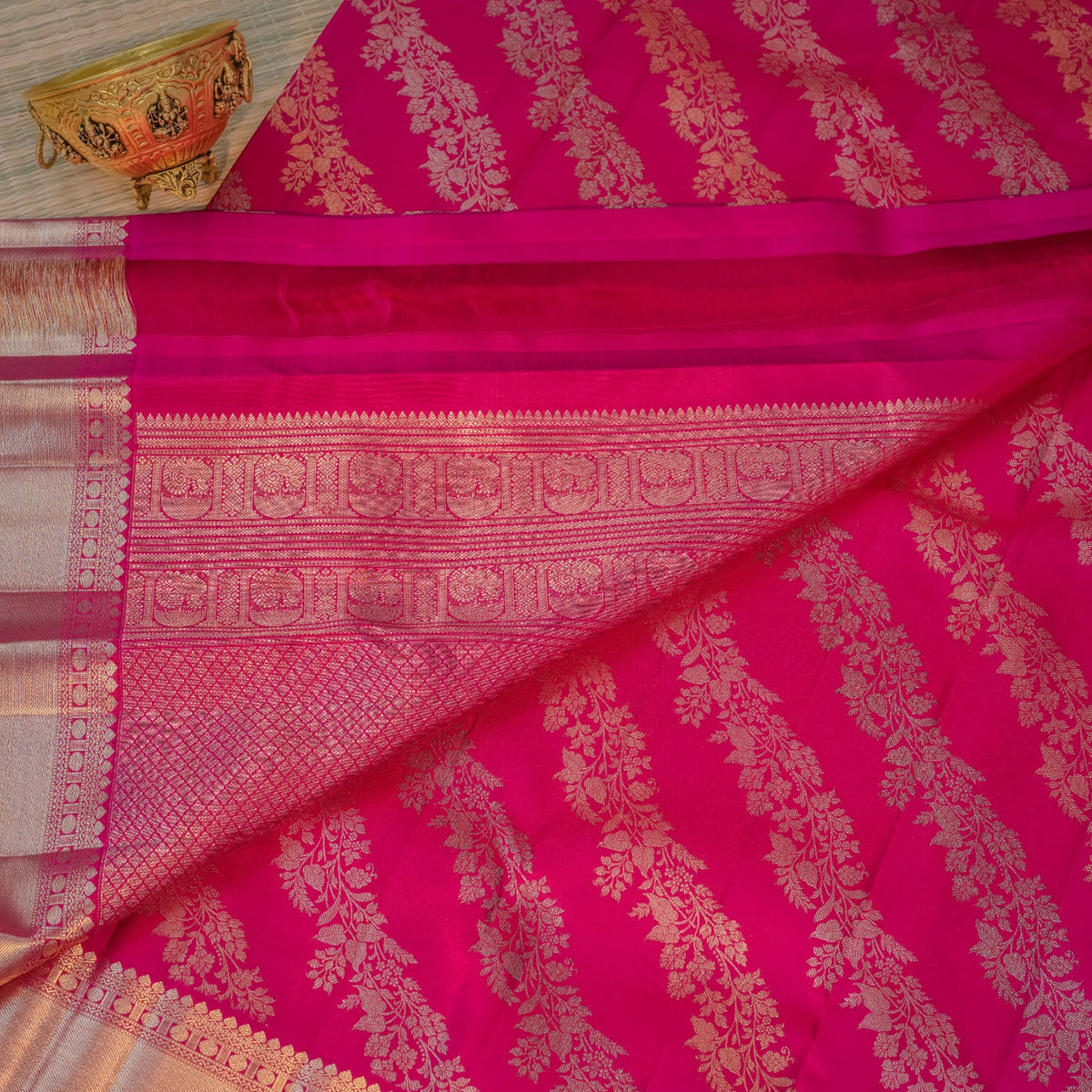 Wine Magenta Silk Saree with Intricate Golden Floral Zari Weave