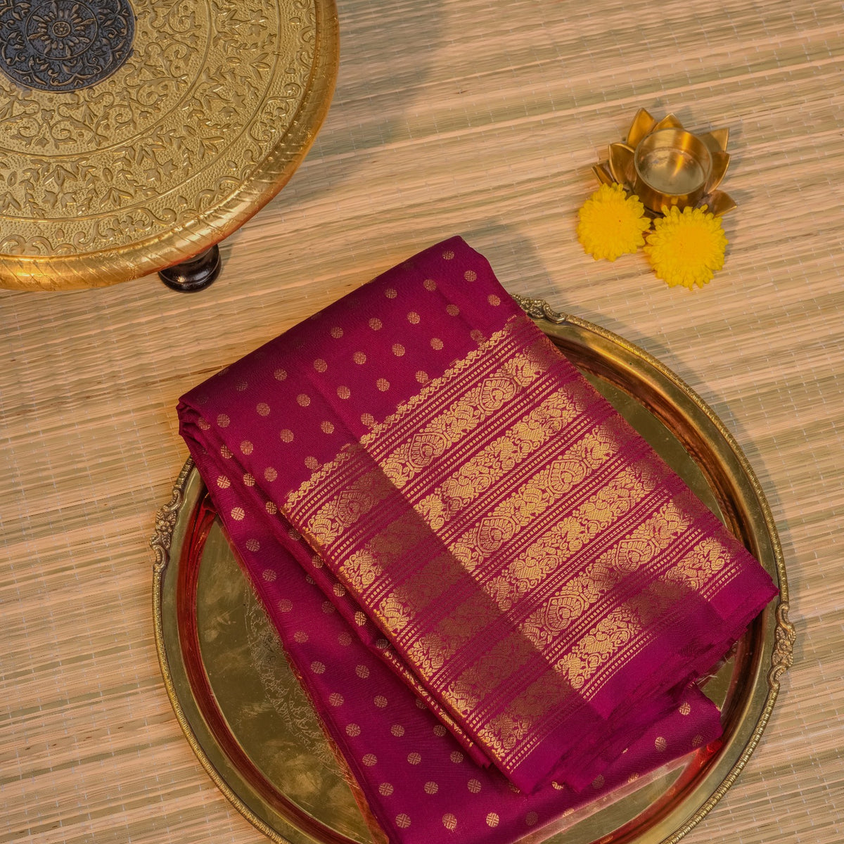 Magenta Purple Kanchipuram Silk with Gold Zari Polka Buttas