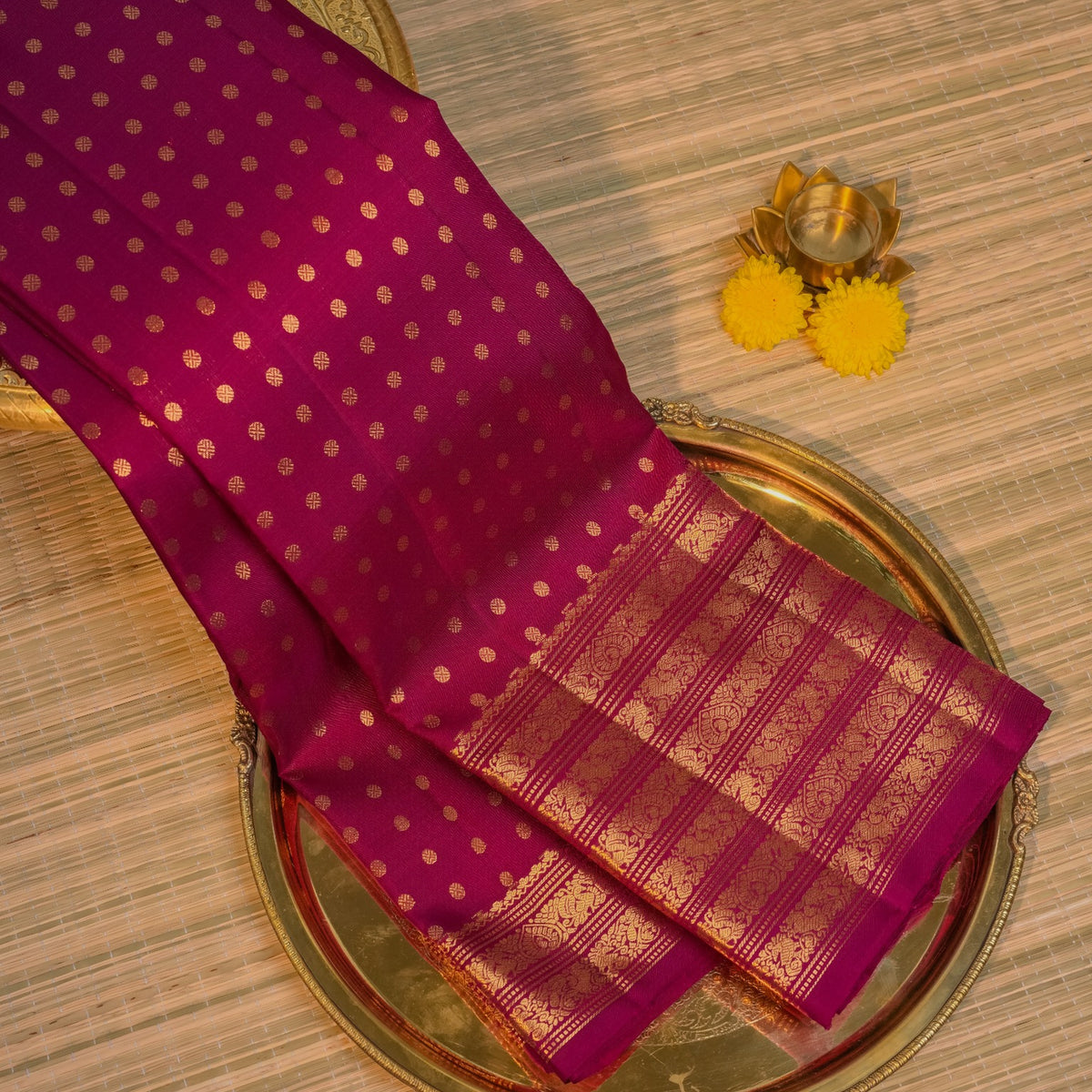 Magenta Purple Kanchipuram Silk with Gold Zari Polka Buttas