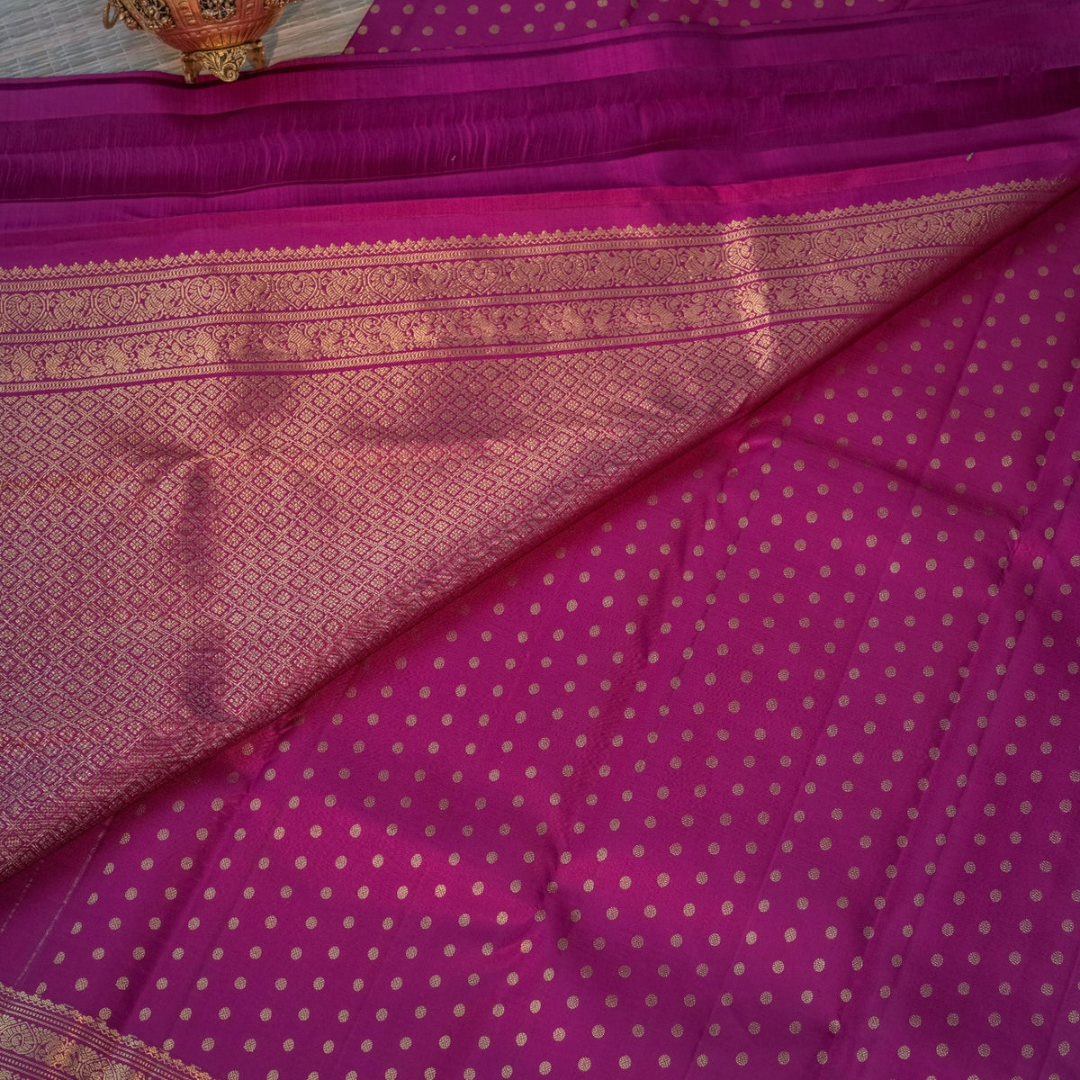 Magenta Purple Kanchipuram Silk with Gold Zari Polka Buttas