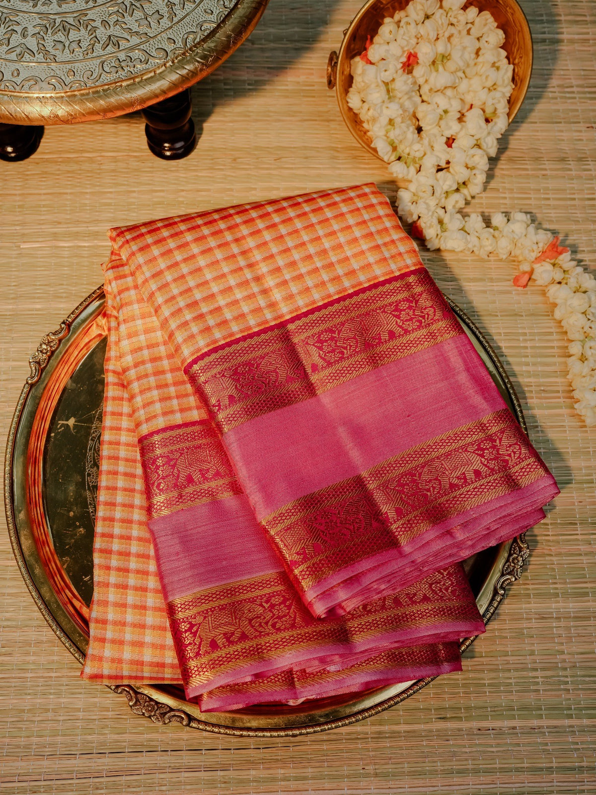 Peach Checked Saree with Pink Gold Border | Kesari Gulabi