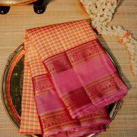 Peach Checked Saree with Pink Gold Border | Kesari Gulabi