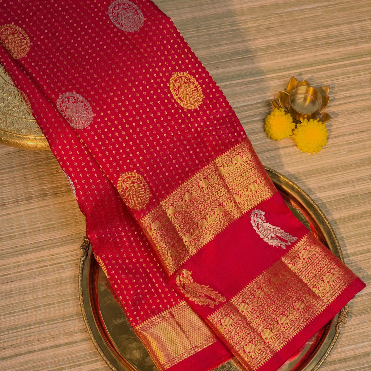 Wine Red Silk Saree with Gold Zari Border