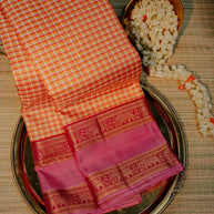 Peach Checked Saree with Pink Gold Border | Kesari Gulabi