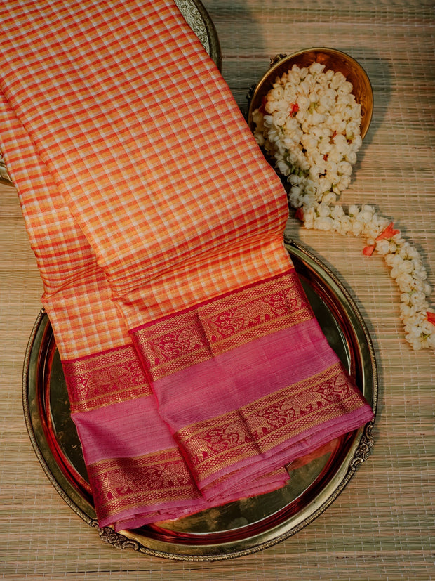 Peach Checked Saree with Pink Gold Border | Kesari Gulabi