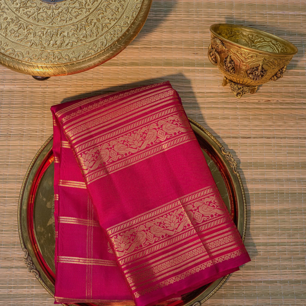 Bright Magenta Silk Saree with Gold Border