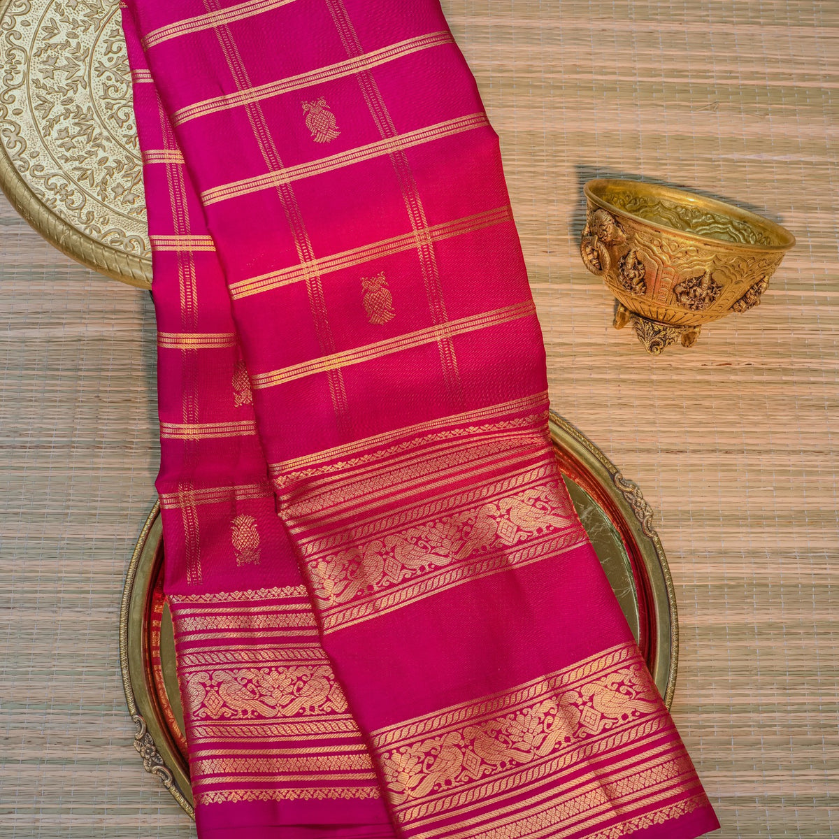 Bright Magenta Silk Saree with Gold Border
