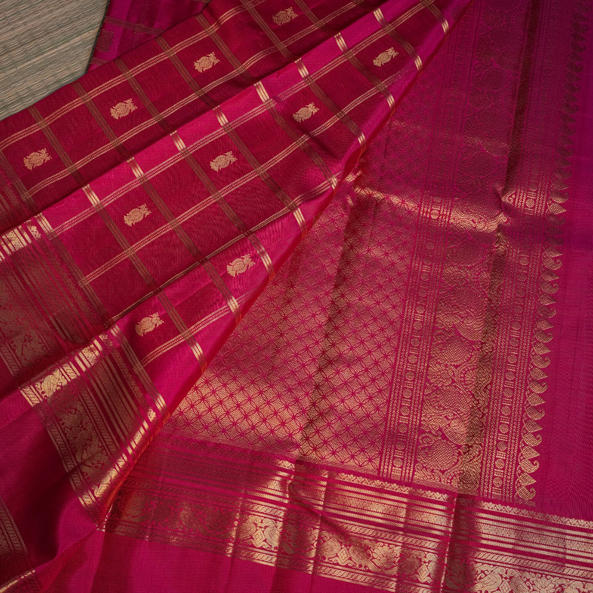 Bright Magenta Silk Saree with Gold Border
