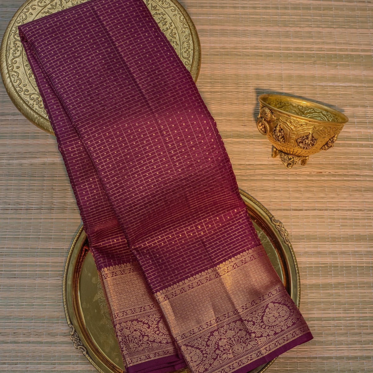 Wine Purple Silk Saree with Gold Zari Border