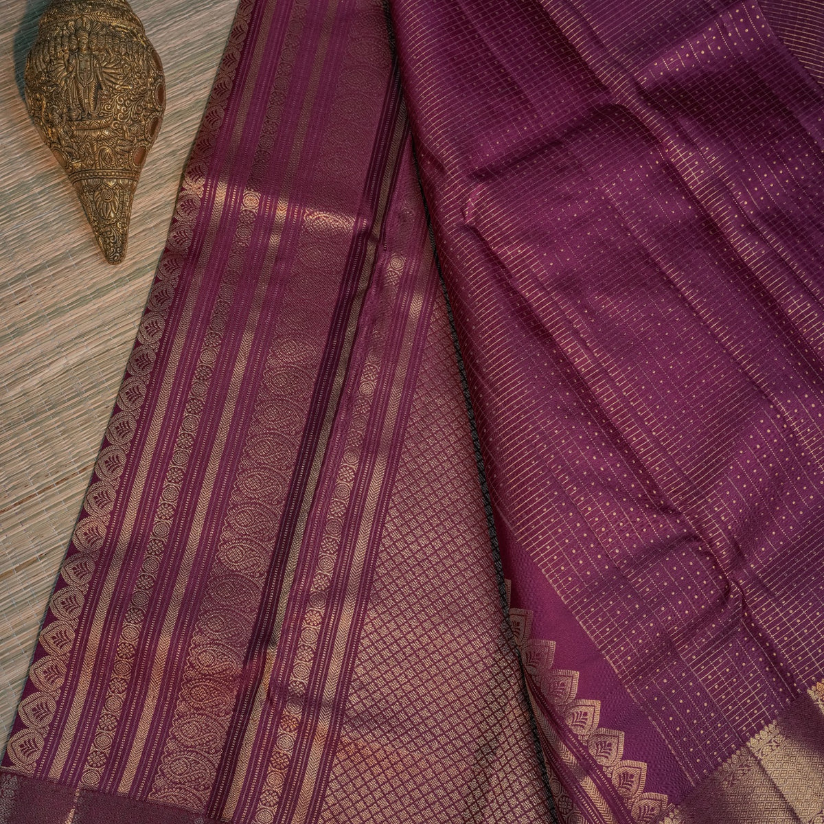 Wine Purple Silk Saree with Gold Zari Border