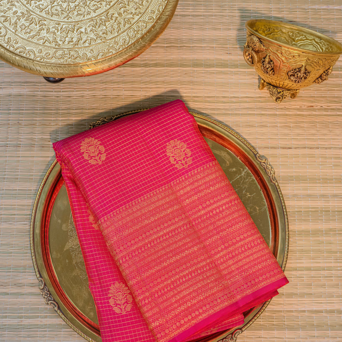 Bright Pink Silk Saree with Gold Motifs