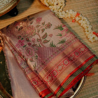 Peach Rose Gold Saree with Floral Motifs and Designer Border