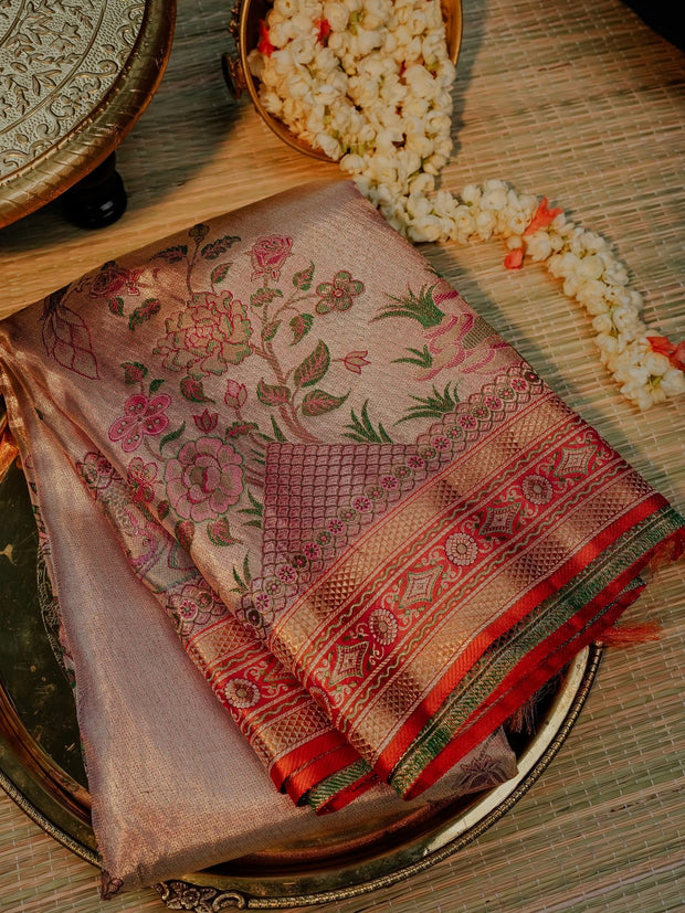 Peach Rose Gold Saree with Floral Motifs and Designer Border