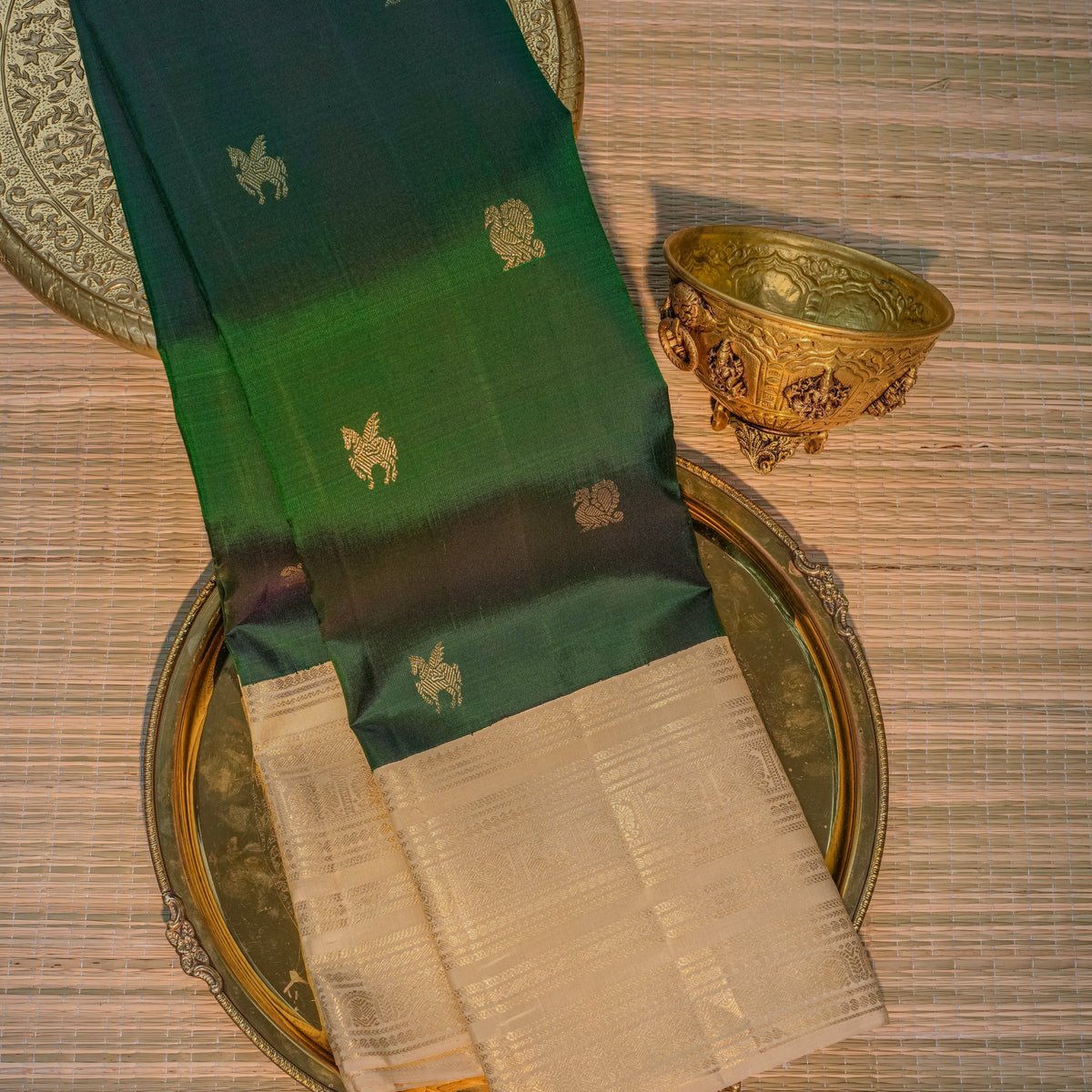 Dark Green & Gold Silk Saree