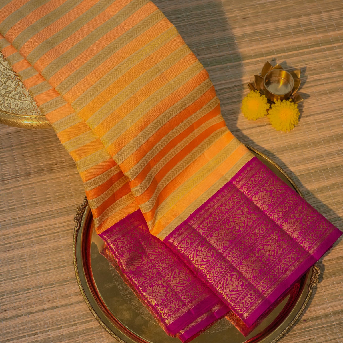 Peach & Magenta Silk Saree with Traditional Zari Border
