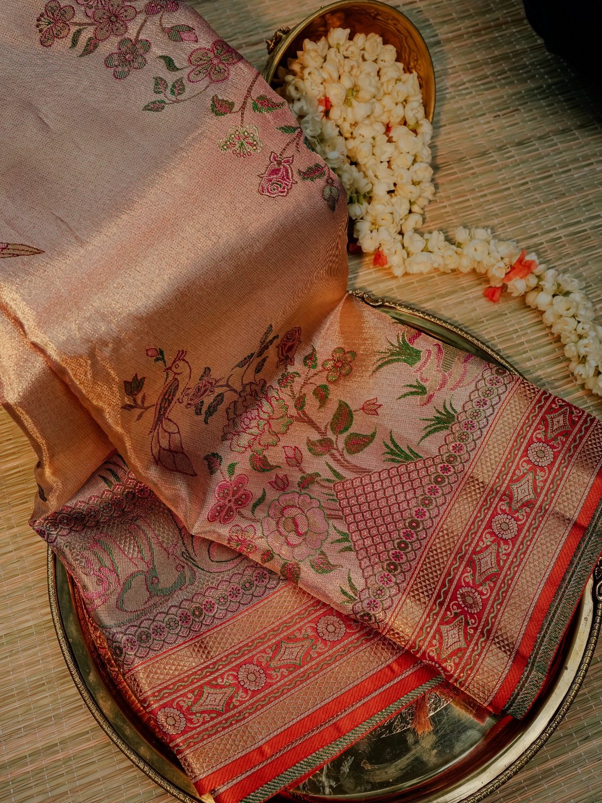 Peach Rose Gold Saree with Floral Motifs and Designer Border