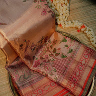 Peach Rose Gold Saree with Floral Motifs and Designer Border