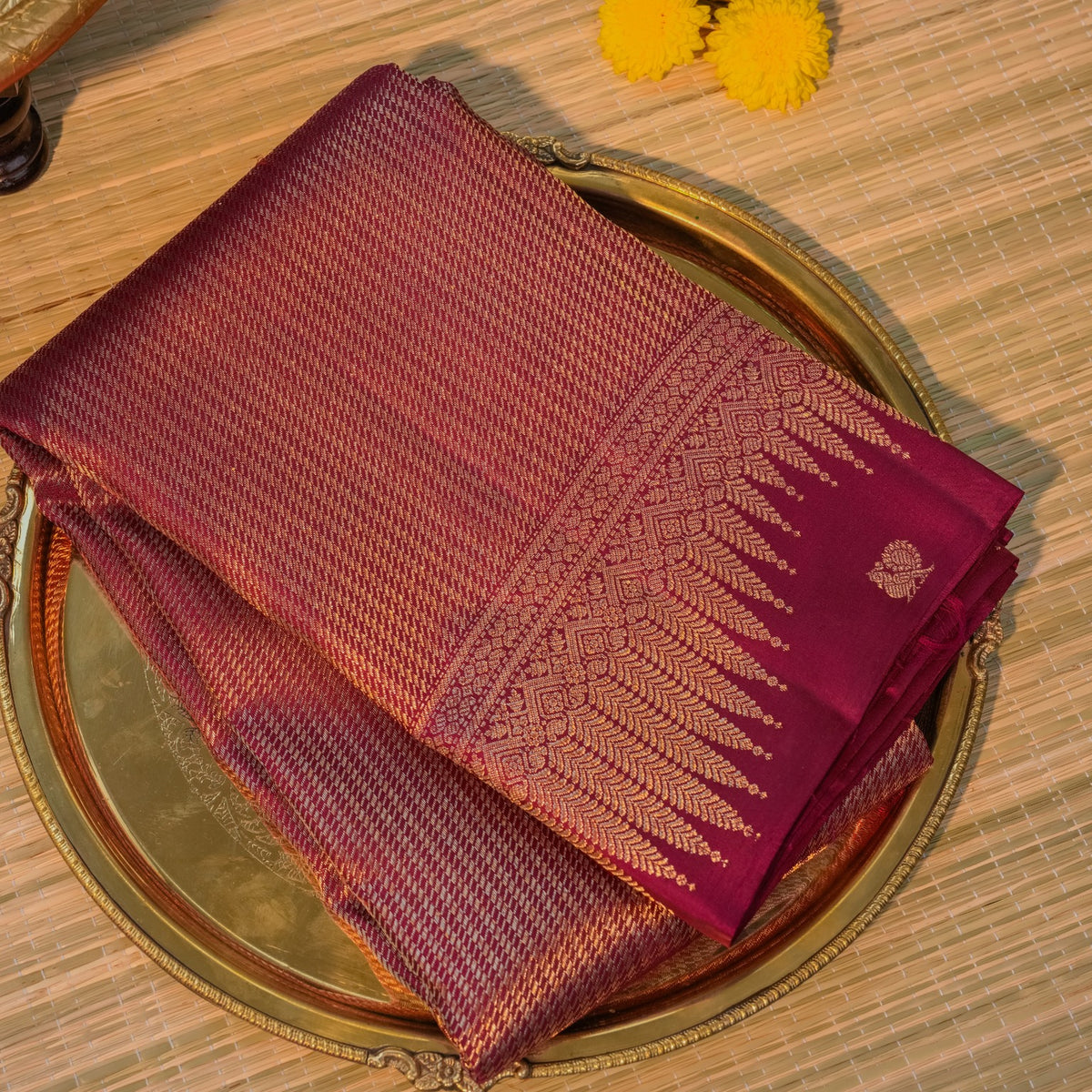 Wine Maroon Kanchipuram Silk Saree with Gold Zari Border