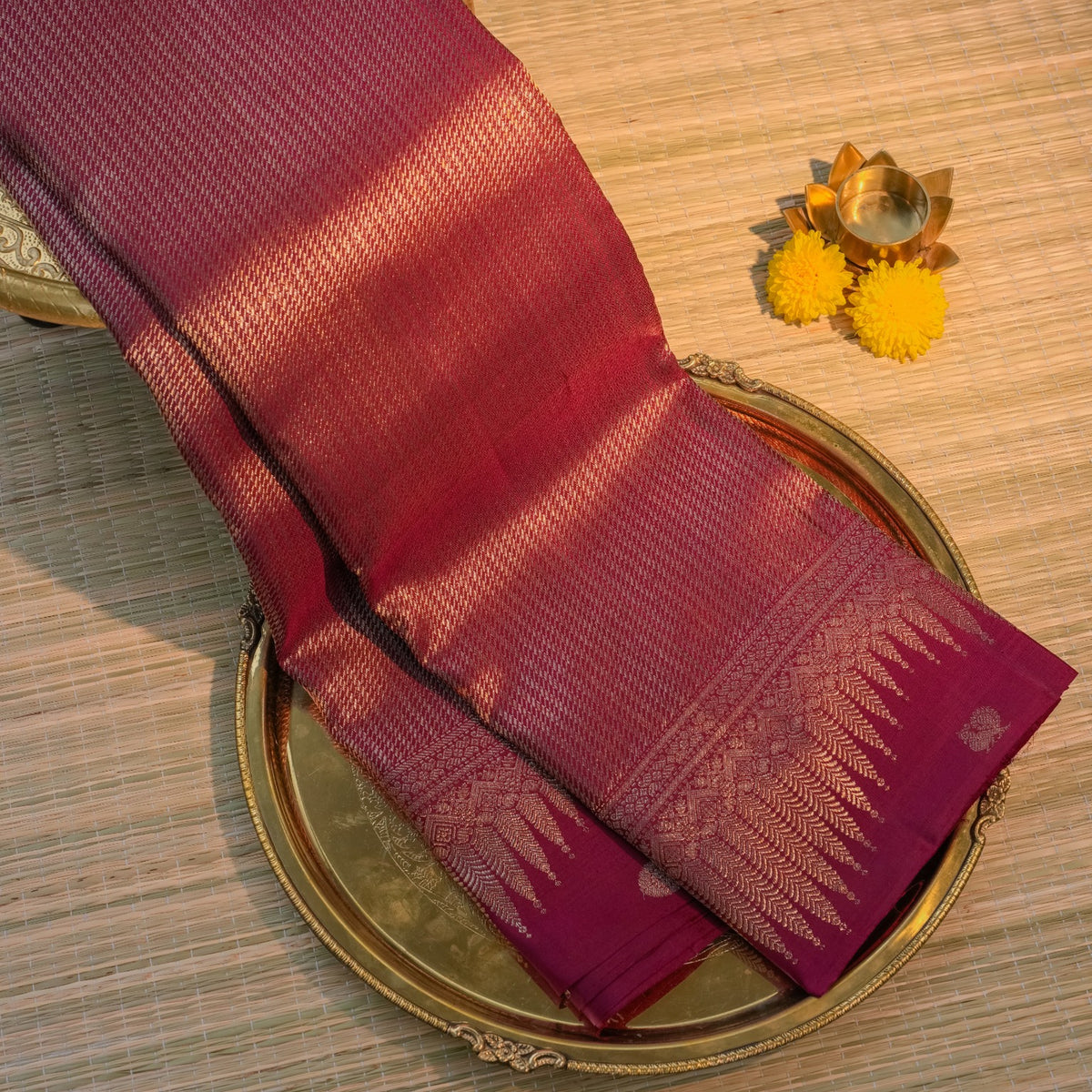 Wine Maroon Kanchipuram Silk Saree with Gold Zari Border