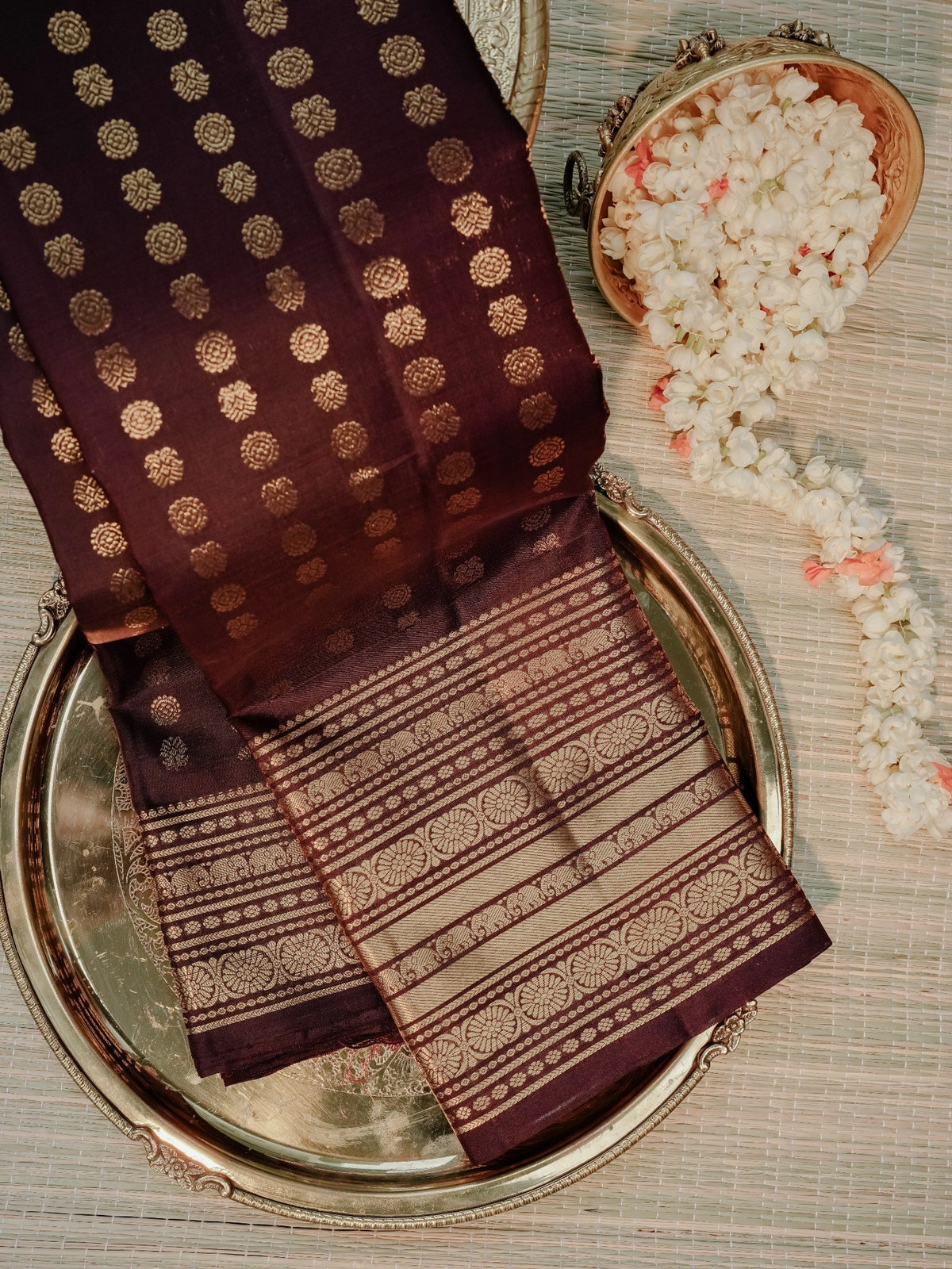 Burgundy Saree with Gold Buti Border