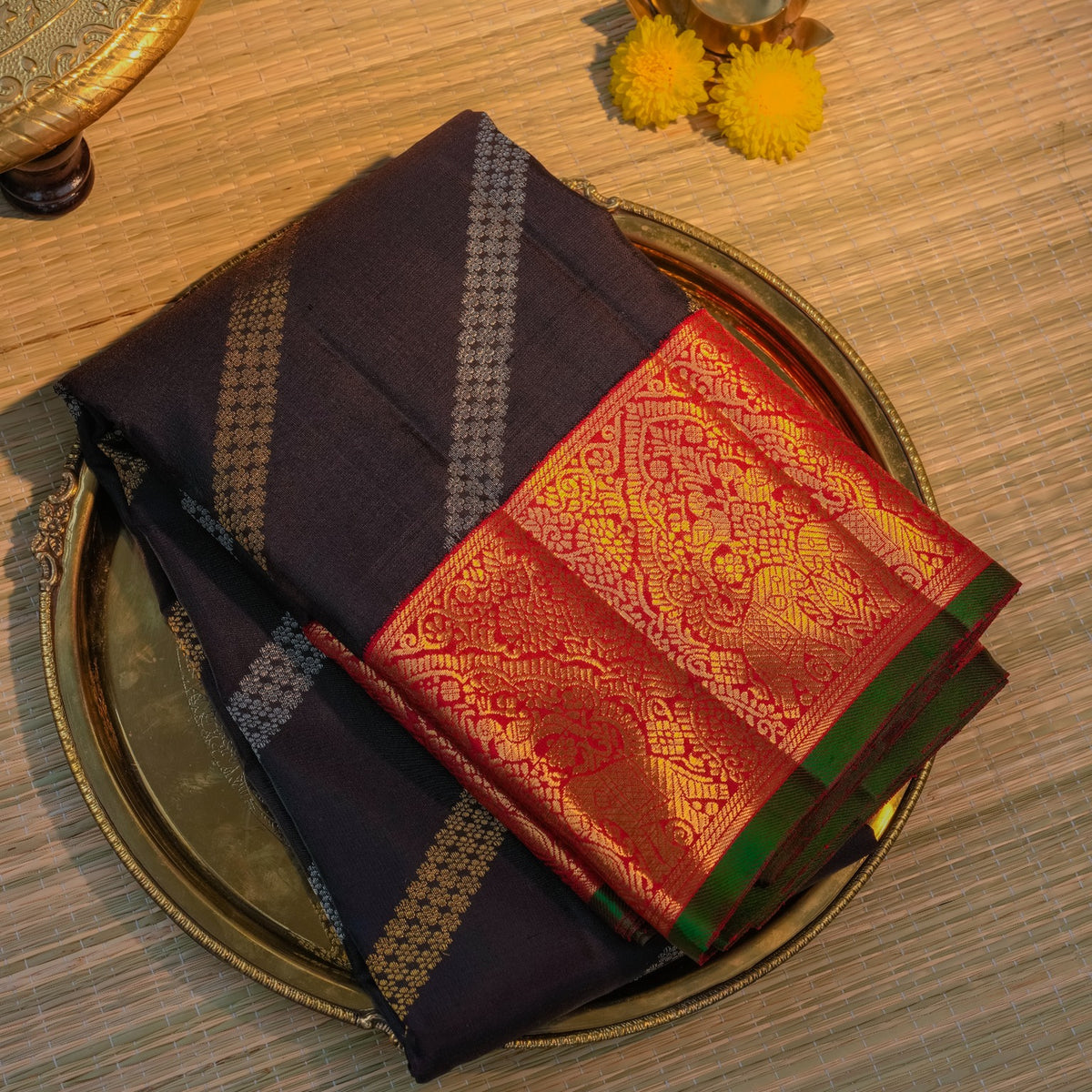 Navy Blue & Red Silk Saree with Traditional Woven Border