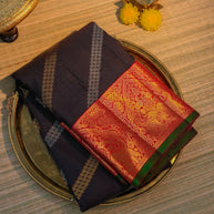 Navy Blue & Red Silk Saree with Traditional Woven Border