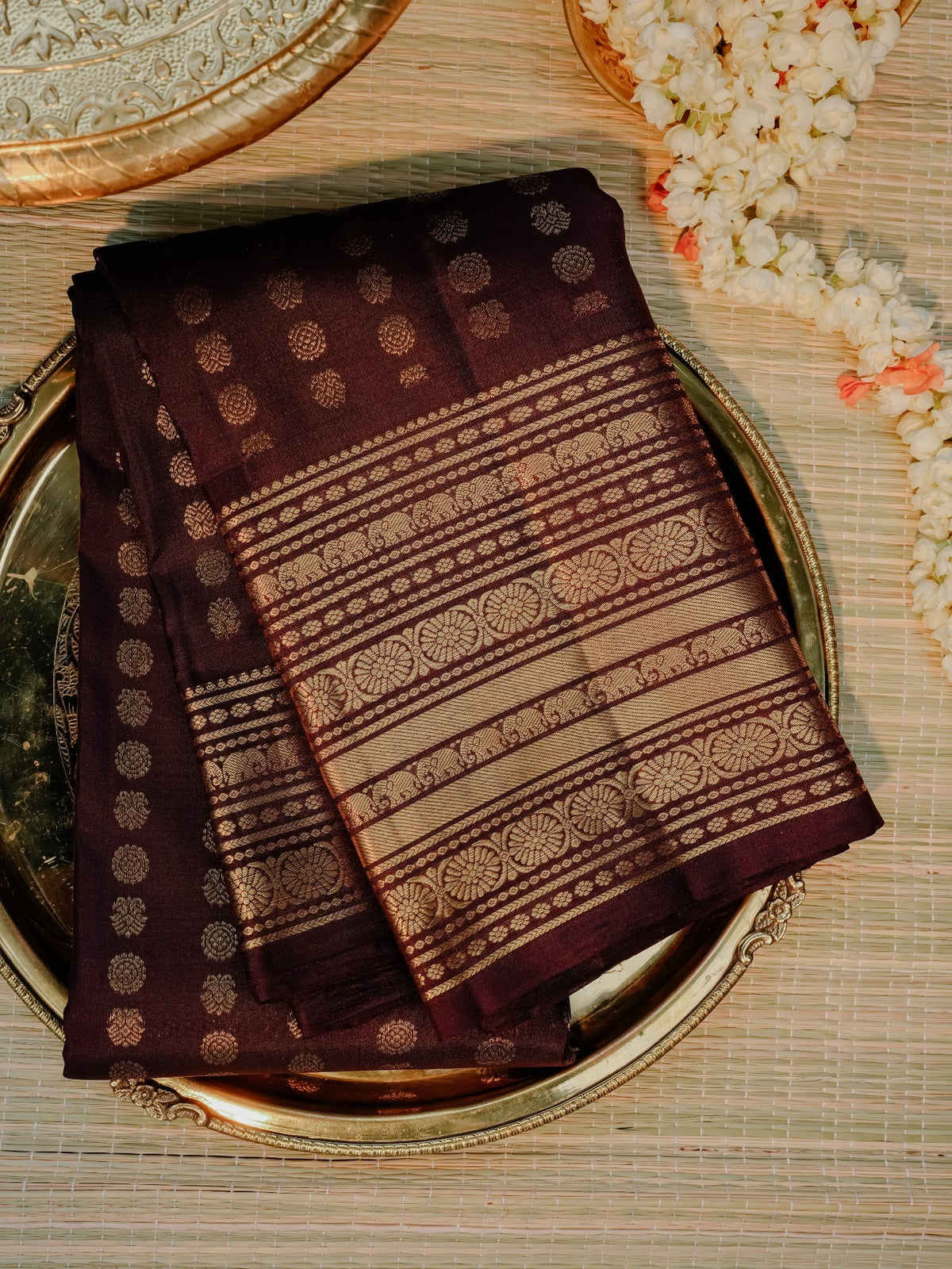 Burgundy Saree with Gold Buti Border