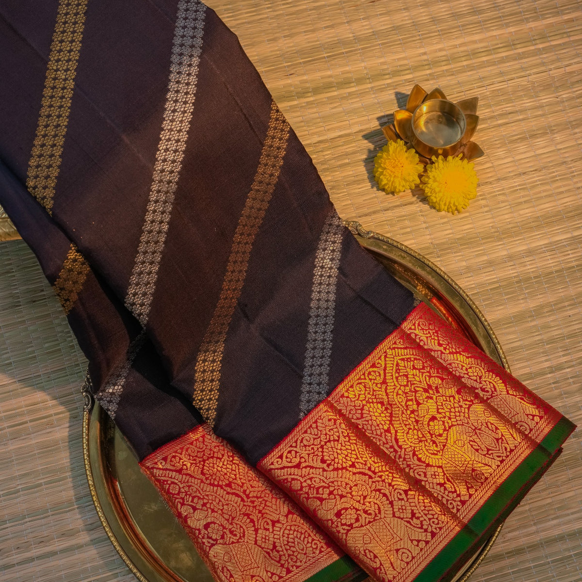 Navy Blue & Red Silk Saree with Traditional Woven Border