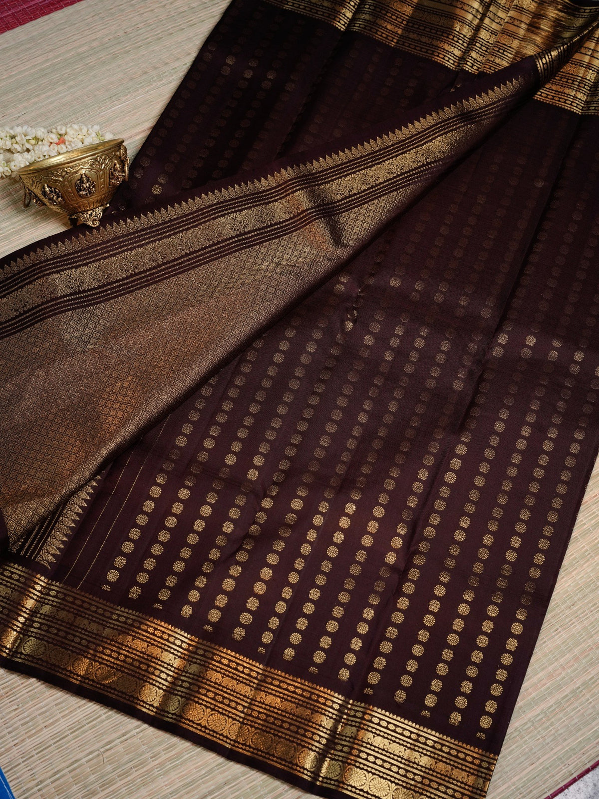 Burgundy Saree with Gold Buti Border