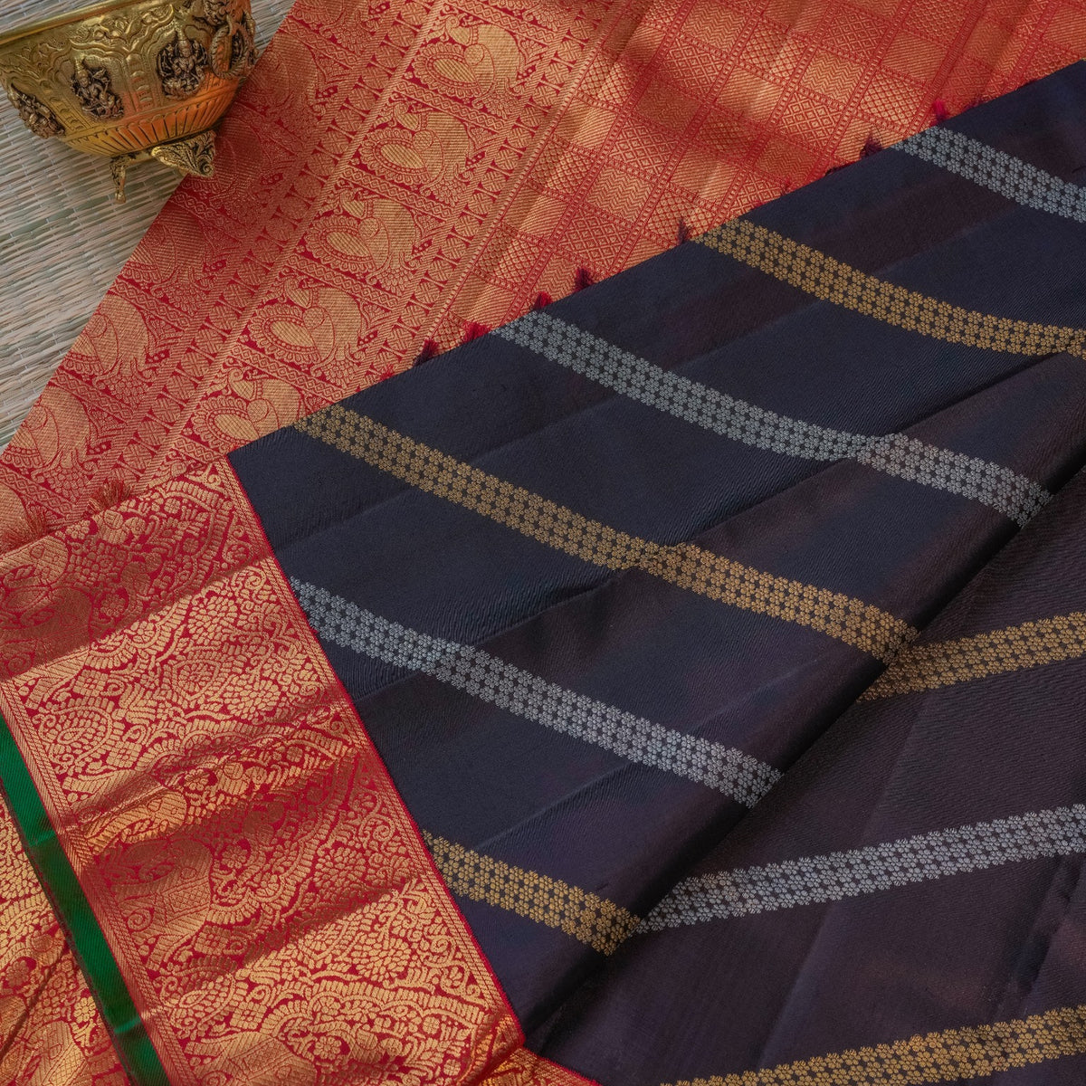 Navy Blue & Red Silk Saree with Traditional Woven Border