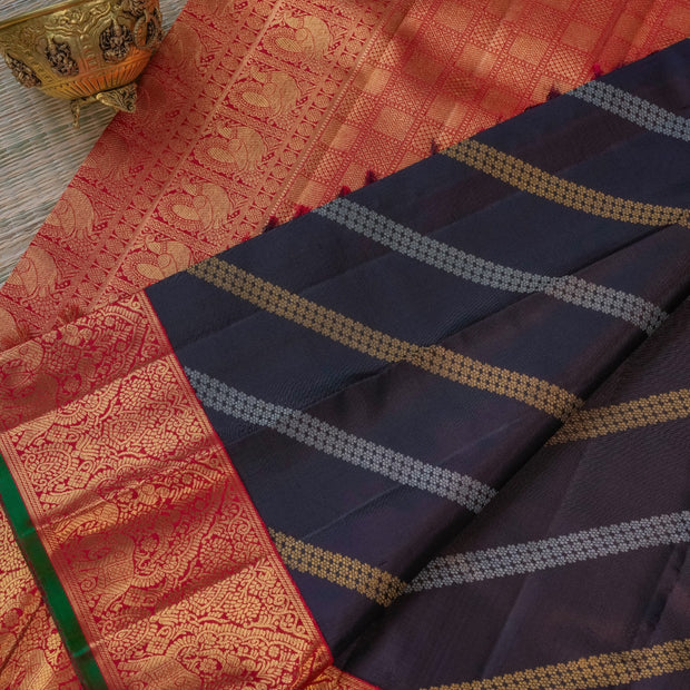 Navy Blue & Red Silk Saree with Traditional Woven Border