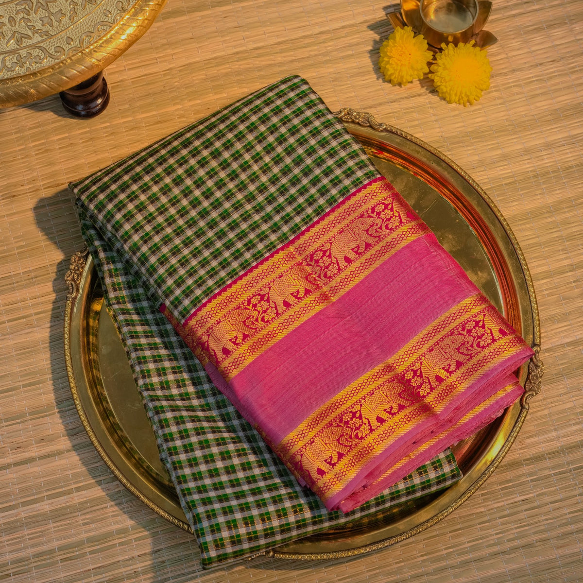 Green Checkered & Pink Silk Saree