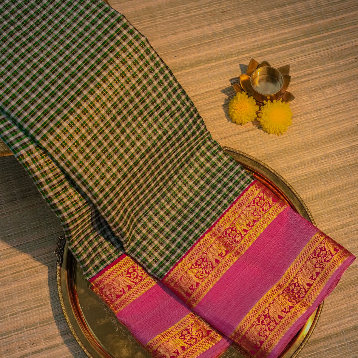 Green Checkered & Pink Silk Saree
