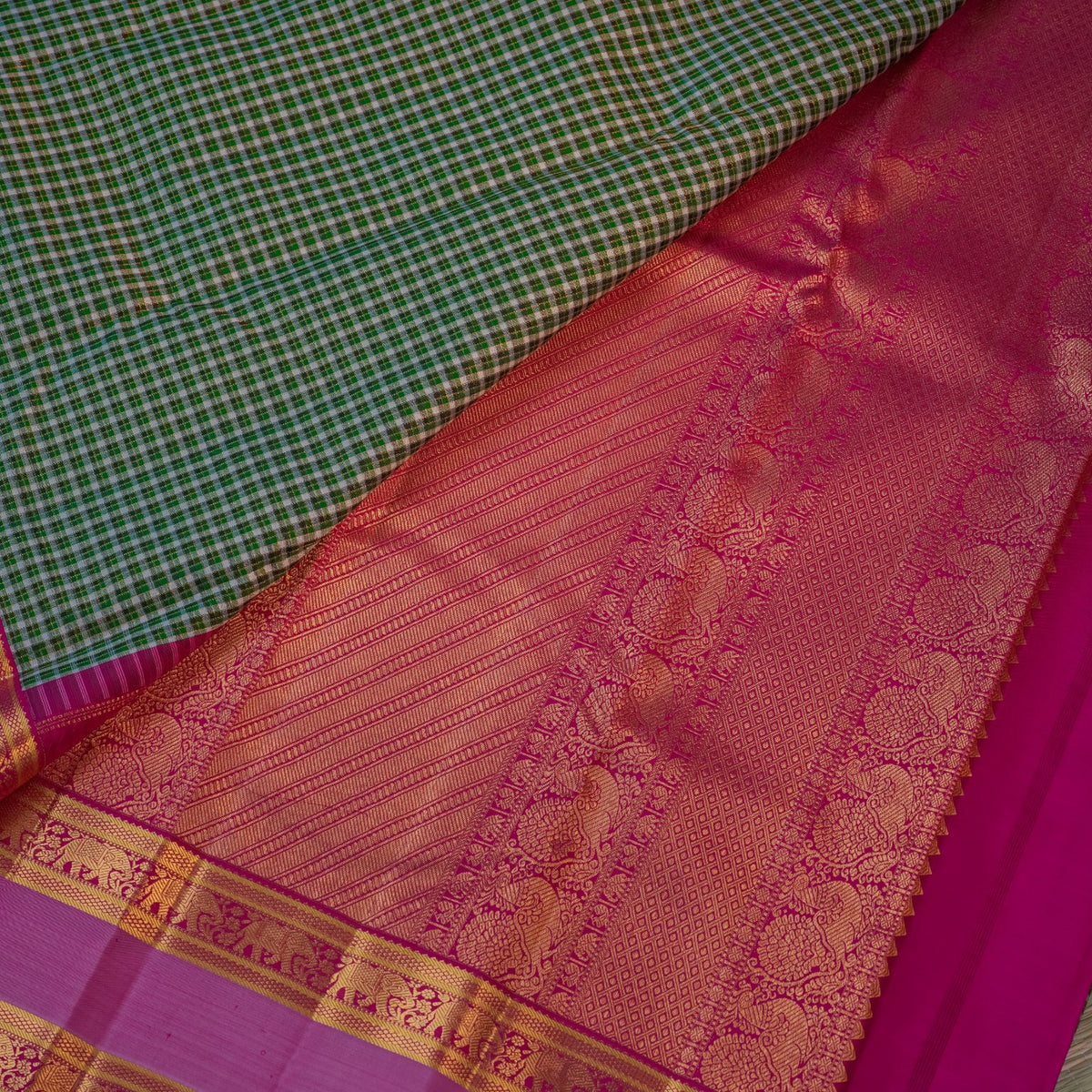 Green Checkered & Pink Silk Saree