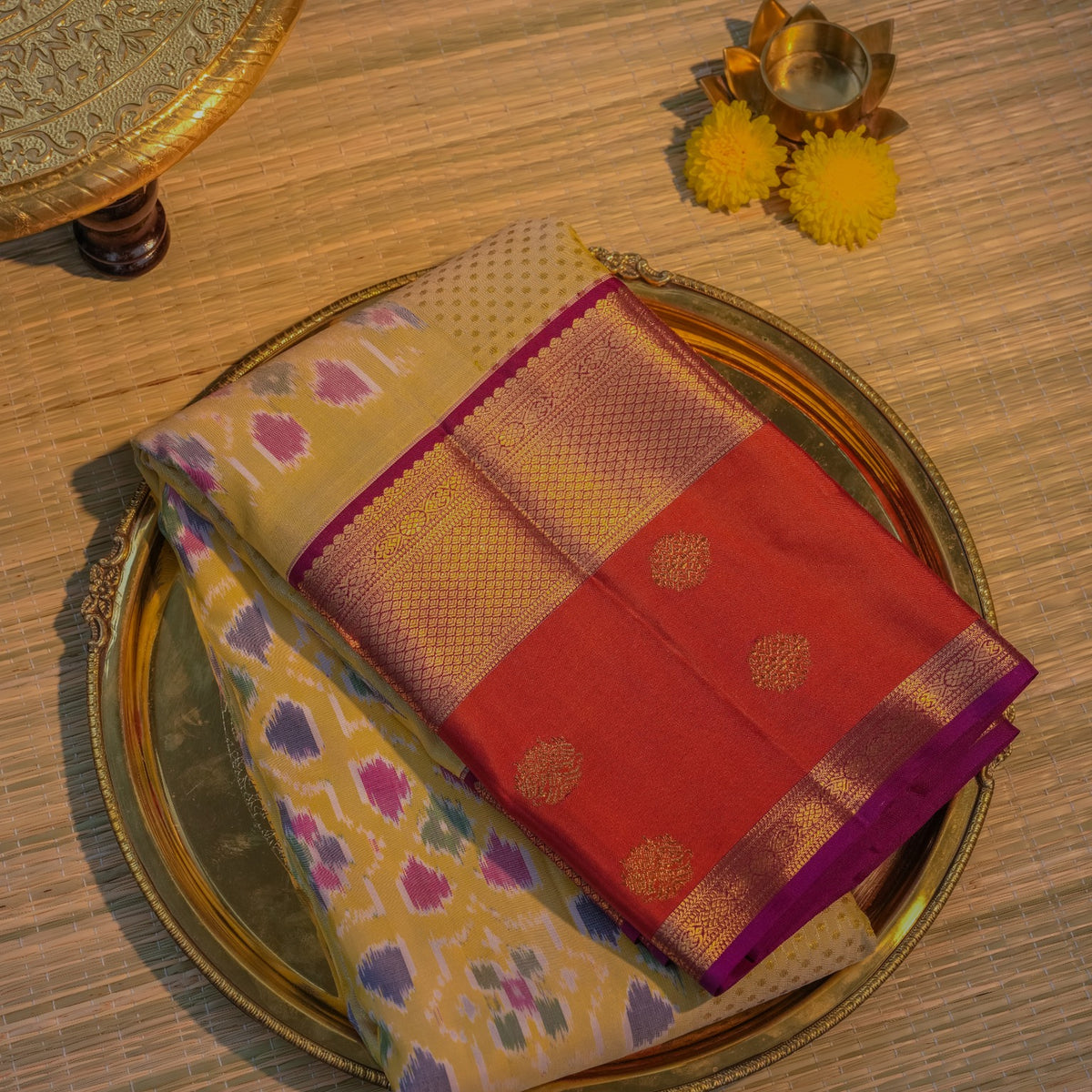 Mustard Yellow & Rust Red Silk Saree with Purple Border