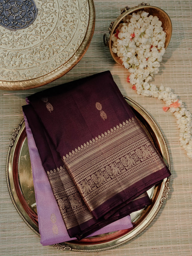 Deep Plum Purple Saree with Lavender Gold Border