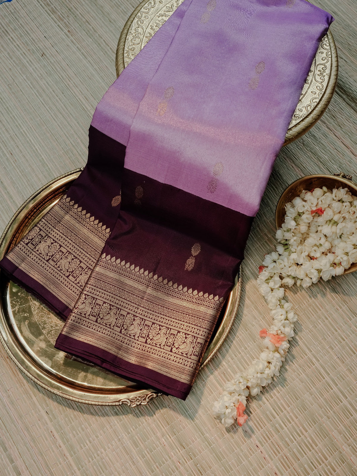 Deep Plum Purple Saree with Lavender Gold Border