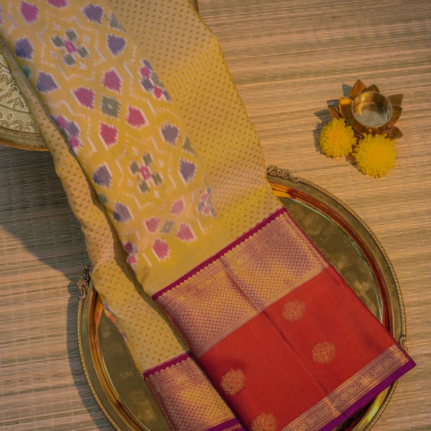 Mustard Yellow & Rust Red Silk Saree with Purple Border
