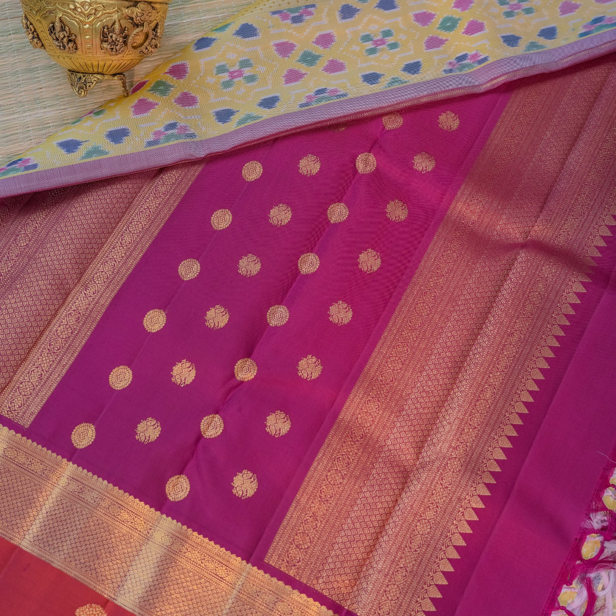 Mustard Yellow & Rust Red Silk Saree with Purple Border