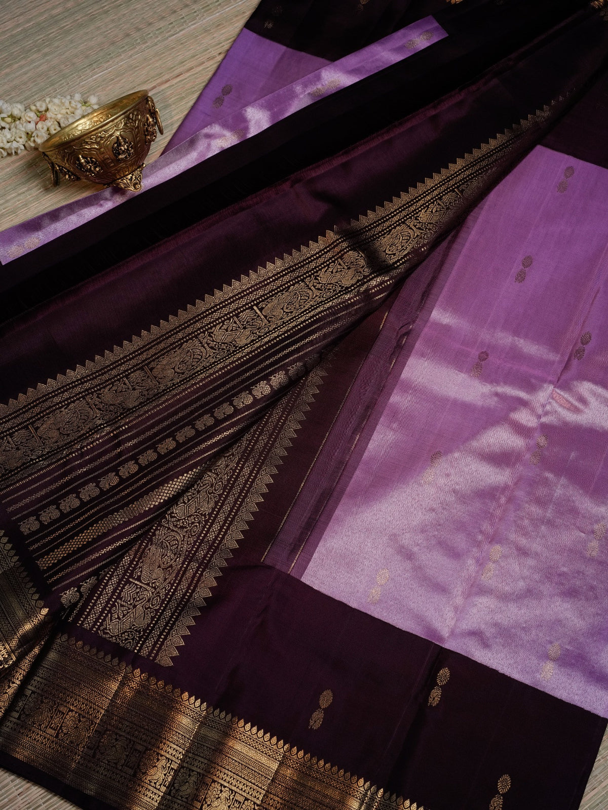 Deep Plum Purple Saree with Lavender Gold Border