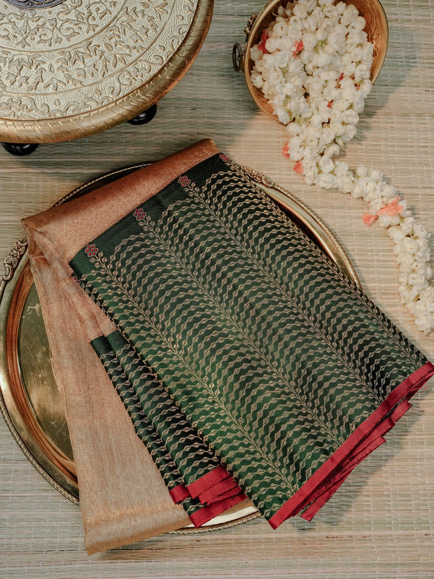 Dark Green Saree with Copper Gold Pallu