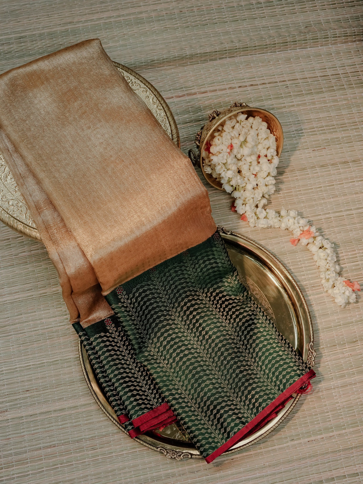 Dark Green Saree with Copper Gold Pallu
