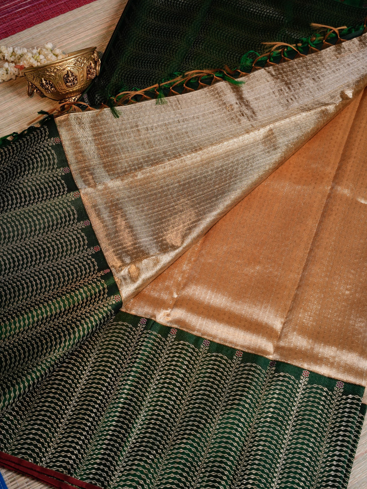 Dark Green Saree with Copper Gold Pallu