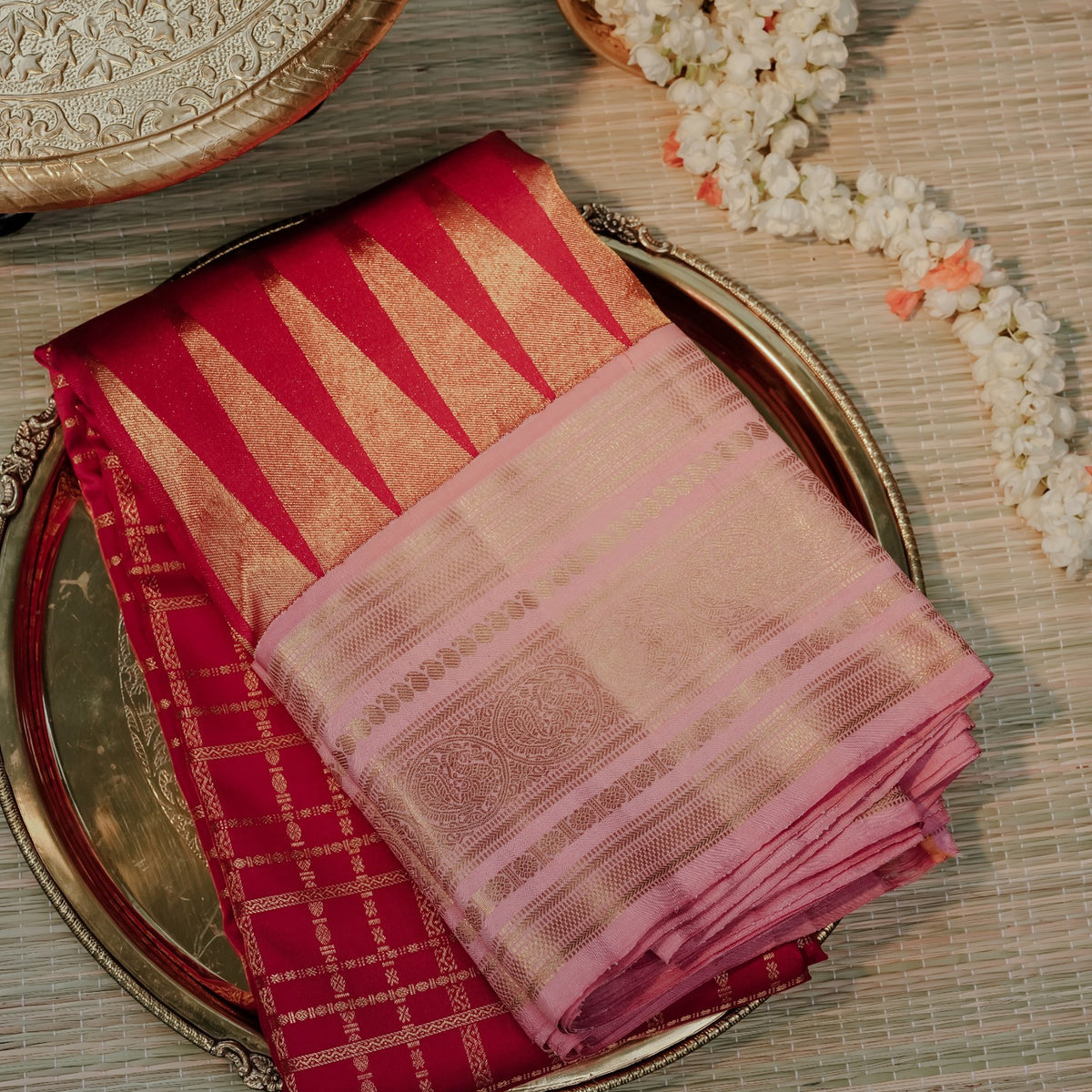 Pink & Red Silk Saree with Golden Zari Weave
