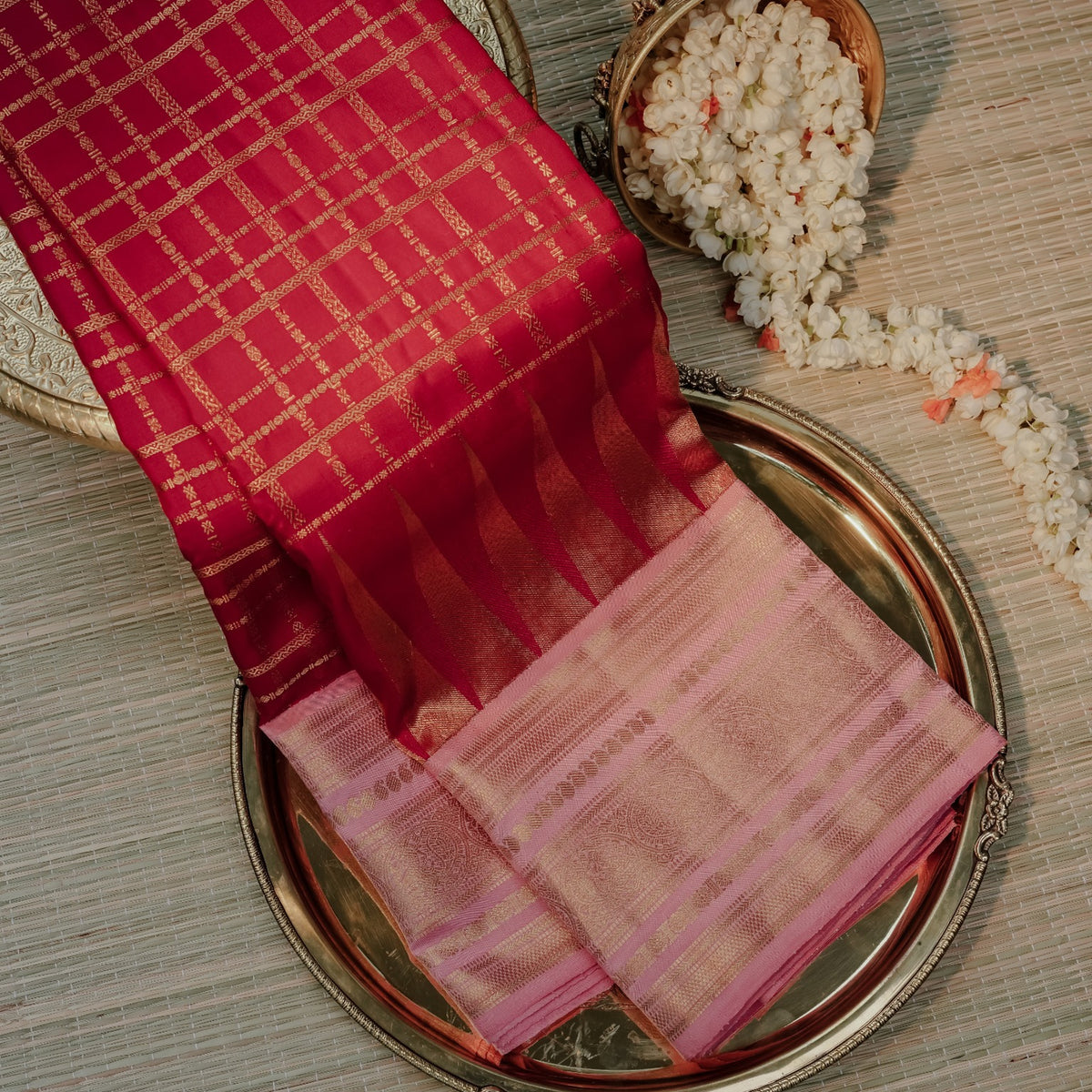 Pink & Red Silk Saree with Golden Zari Weave