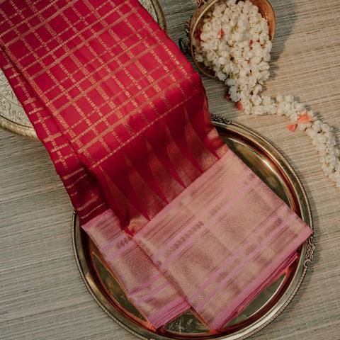 Pink & Red Silk Saree with Golden Zari Weave